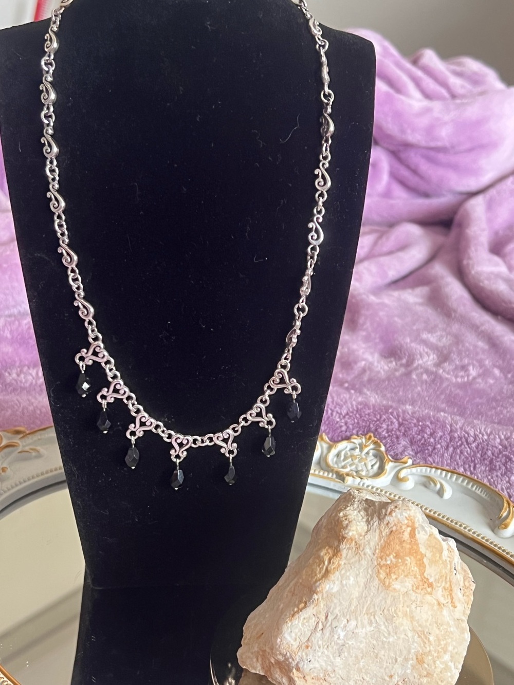 Brighton Heart Scroll Necklace with Black Crystal Teardrops
